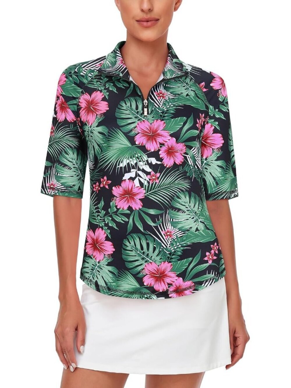Women Black-floral Golf Shirt Quick Dry Half Sleeve Quarter Zip Tennis Top M-3XL